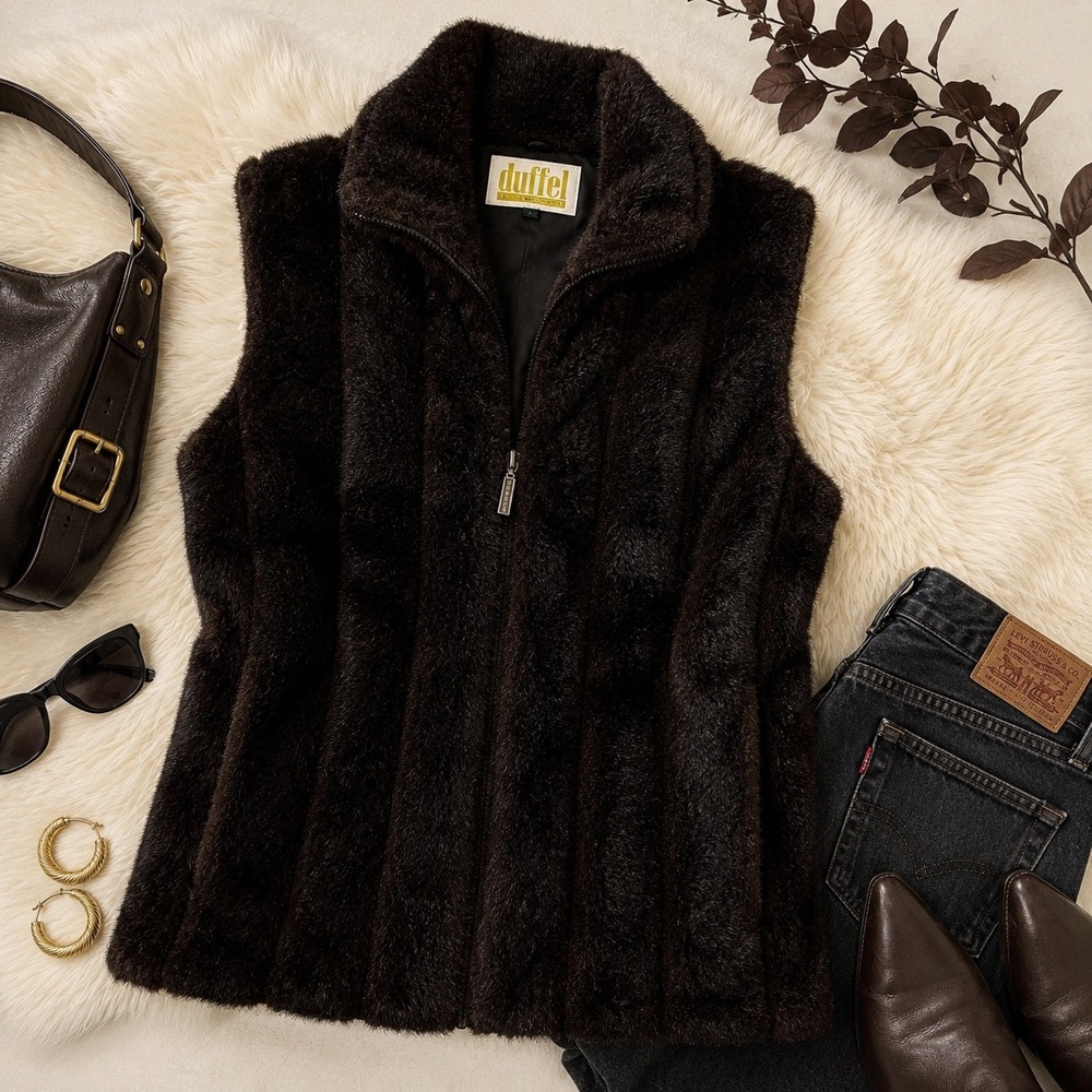 Vintage Duffel Outdoor Faux Fur Vest Womens XL Brown Zip Front Shaggy Y2K